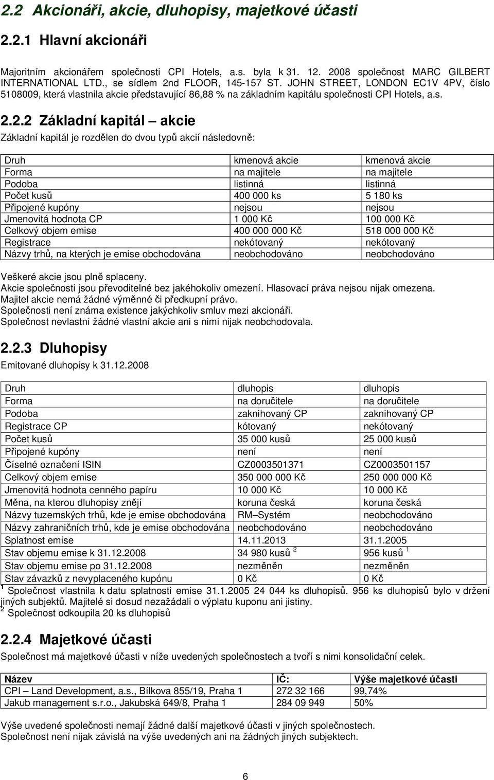 d FLOOR, 145-157 ST. JOHN STREET, LONDON EC1V 4PV, číslo 5108009, která vlastnila akcie představující 86,88 % na základním kapitálu společnosti CPI Hotels, a.s. 2.