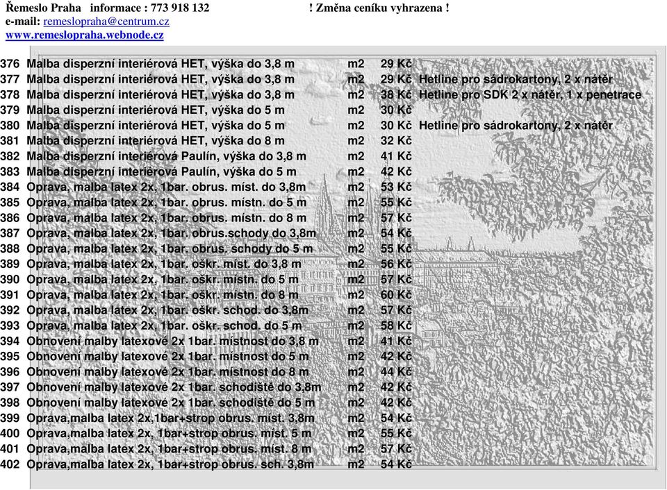 sádrokartony, 2 x nátěr 381 Malba disperzní interiérová HET, výška do 8 m m2 32 Kč 382 Malba disperzní interiérová Paulín, výška do 3,8 m m2 41 Kč 383 Malba disperzní interiérová Paulín, výška do 5 m
