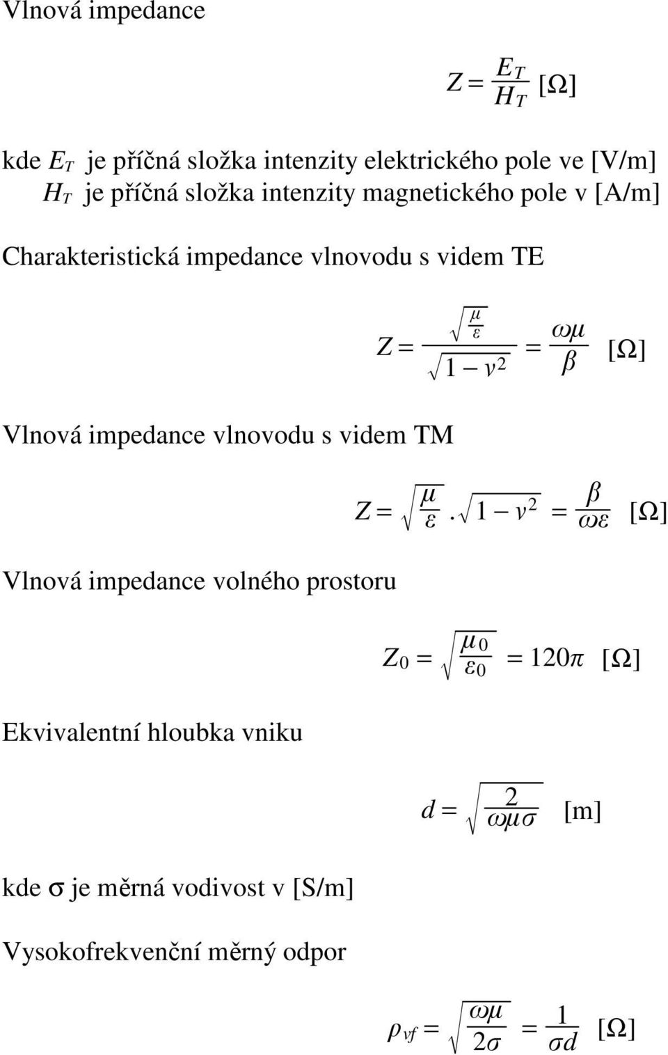 = 1 Vlnová impedance vlnovodu s videm TM Z =.