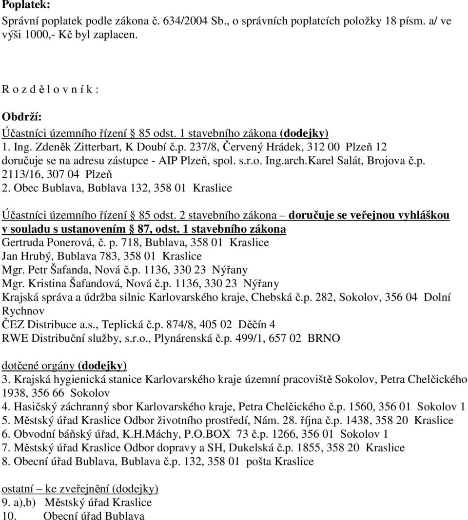 Obec Bublava, Bublava 132, 358 01 Kraslice Účastníci územního řízení 85 odst. 2 stavebního zákona doručuje se veřejnou vyhláškou v souladu s ustanovením 87, odst.