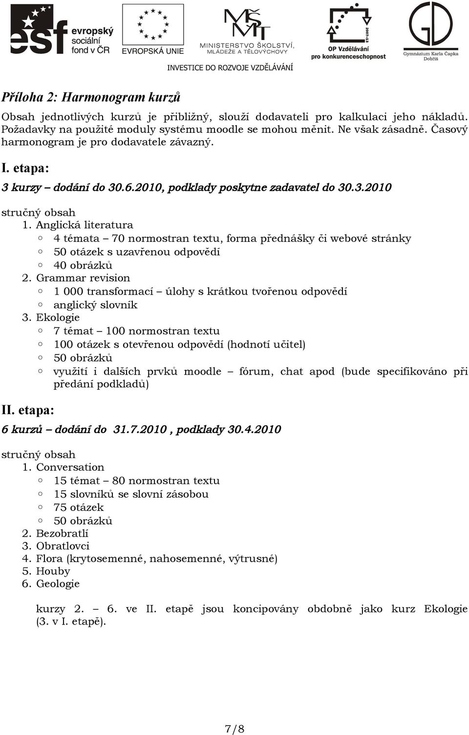 Anglická literatura 4 témata 70 normostran textu, forma přednášky či webové stránky 50 otázek s uzavřenou odpovědí 40 obrázků 2.