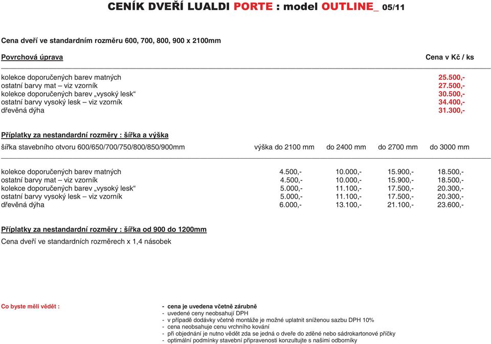 300,- Píplatky za nestandardní rozmry : šíka a výška šíka stavebního otvoru 600/650/700/750/800/850/900mm výška do 2100 mm do 2400 mm do 2700 mm do 3000 mm kolekce doporuených barev matných 4.