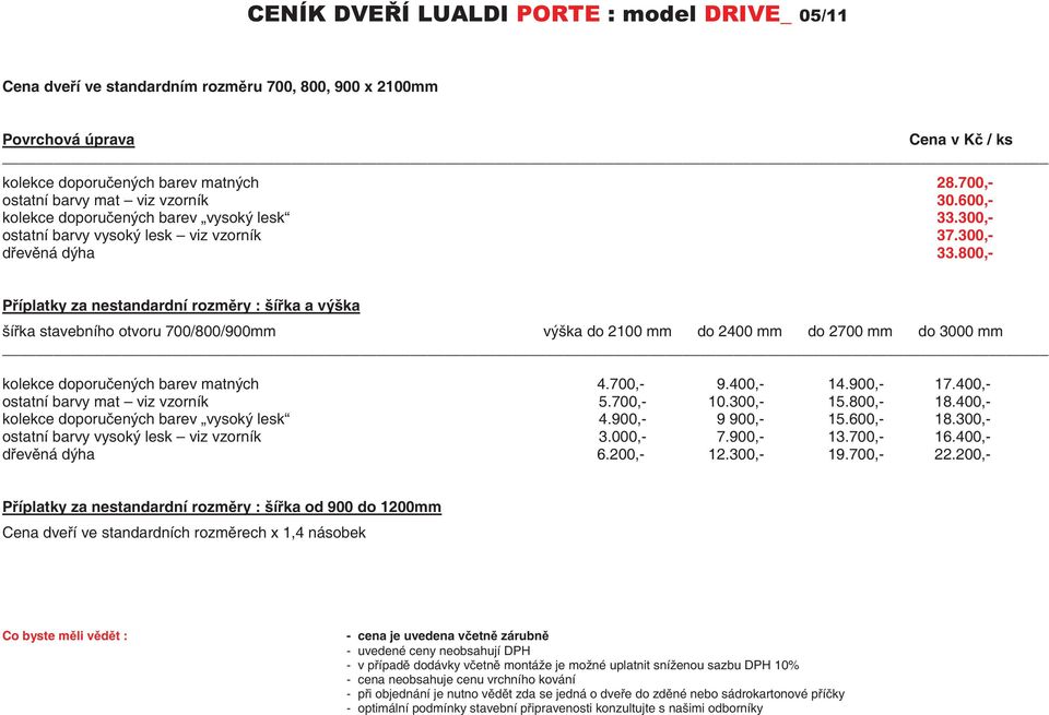 800,- Píplatky za nestandardní rozmry : šíka a výška šíka stavebního otvoru 700/800/900mm výška do 2100 mm do 2400 mm do 2700 mm do 3000 mm kolekce doporuených barev matných 4.700,- 9.400,- 14.