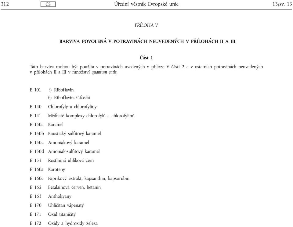 E 101 E 140 E141 E 150a E 150b E 150c E 150d E 153 E 160a E 160c E 162 E 163 E 170 E 171 E 172 i) Riboflavin ii) Riboflavin-5 -fosfát Chlorofyly a chlorofyliny Měďnaté