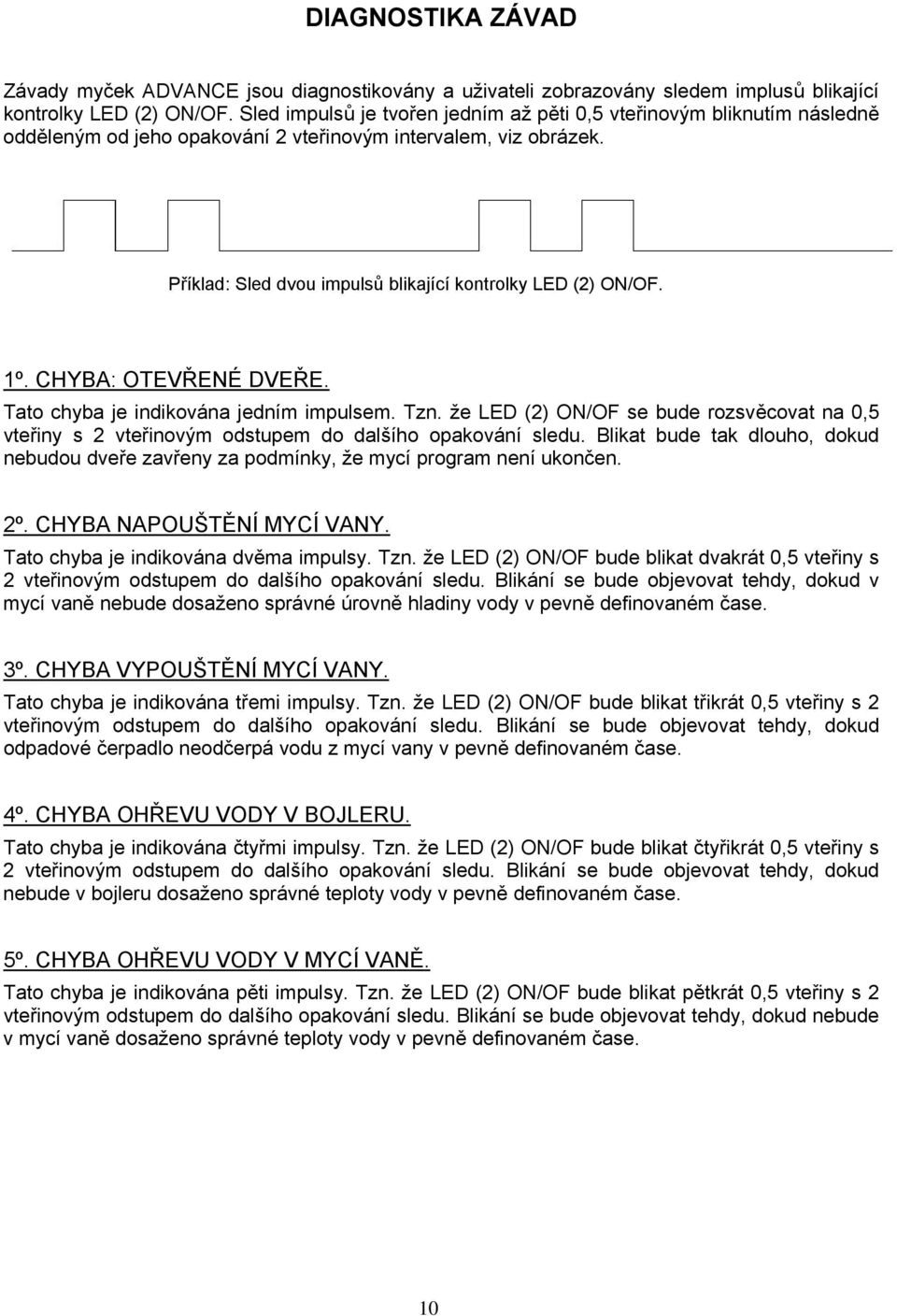 1º. CHYBA: OTEVŘENÉ DVEŘE. Tato chyba je indikována jedním impulsem. Tzn. že LED (2) ON/OF se bude rozsvěcovat na 0,5 vteřiny s 2 vteřinovým odstupem do dalšího opakování sledu.