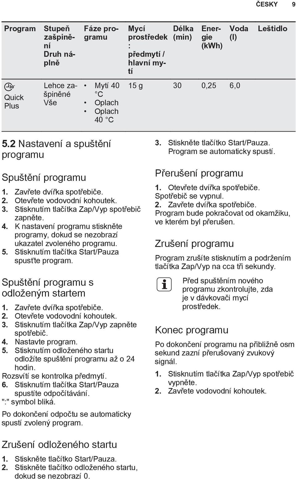 K nastavení programu stiskněte programy, dokud se nezobrazí ukazatel zvoleného programu. 5. Stisknutím tlačítka Start/Pauza spusťte program. Spuštění programu s odloženým startem 1.