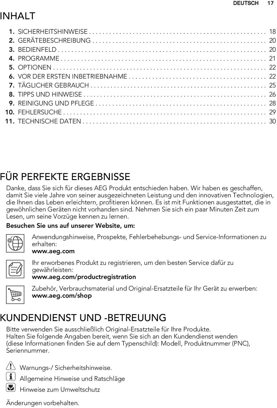 TÄGLICHER GEBRAUCH..................................................... 25 8. TIPPS UND HINWEISE....................................................... 26 9. REINIGUNG UND PFLEGE................................................... 28 10.