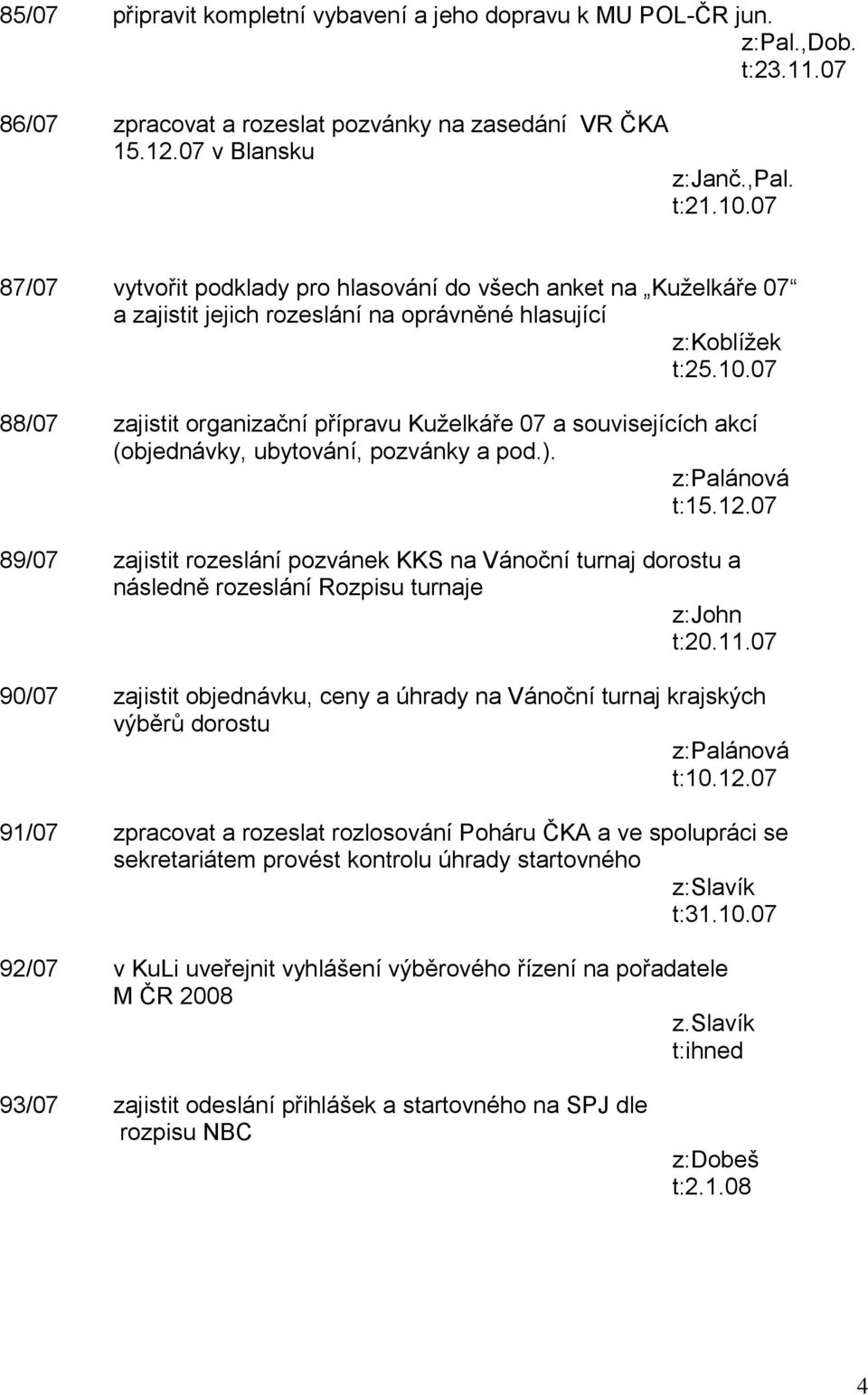 07 88/07 zajistit organizační přípravu Kuželkáře 07 a souvisejících akcí (objednávky, ubytování, pozvánky a pod.).