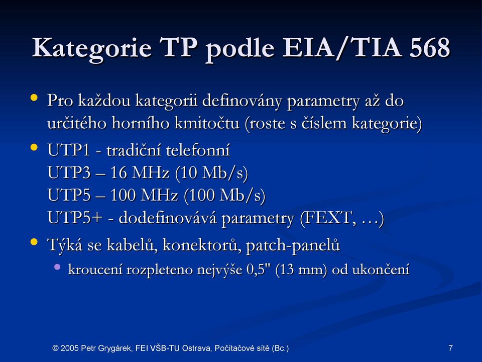 16 MHz (10 Mb/s) UTP5 100 MHz (100 Mb/s) UTP5+ + - dodefinovává parametry (FEXT, )