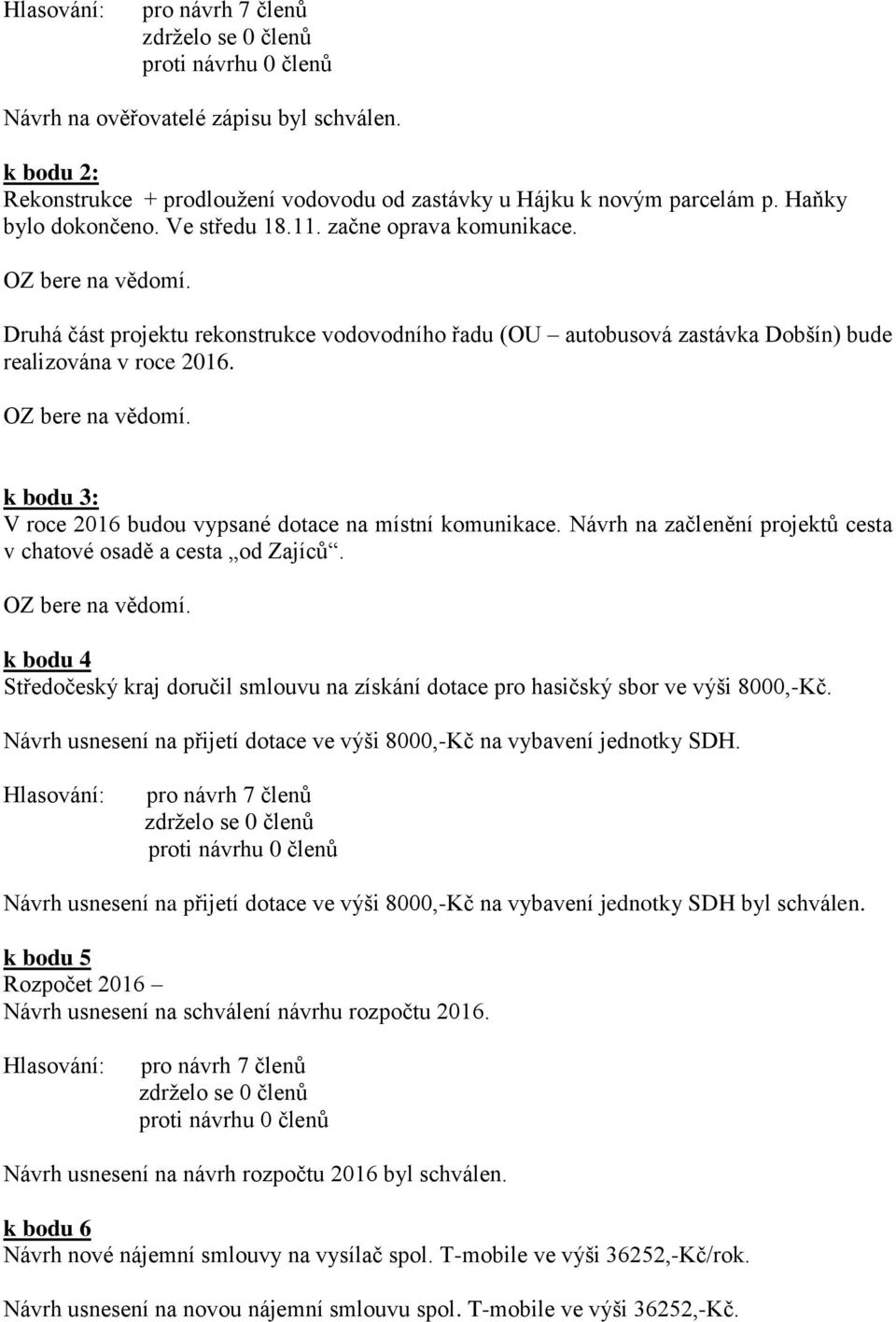 Návrh na začlenění projektů cesta v chatové osadě a cesta od Zajíců. k bodu 4 Středočeský kraj doručil smlouvu na získání dotace pro hasičský sbor ve výši 8000,-Kč.