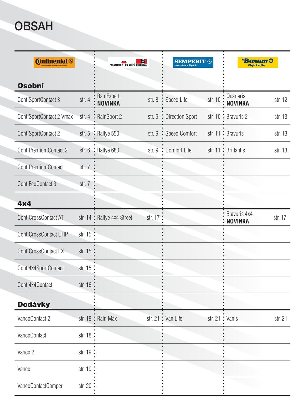 13 ContiPremiumContact str. 7 ContiEcoContact 3 str. 7 4x4 ContiCrossContact AT str. 14 Rallye 4x4 Street str. 17 ContiCrossContact UHP str. 15 Bravuris 4x4 NOVINKA str.