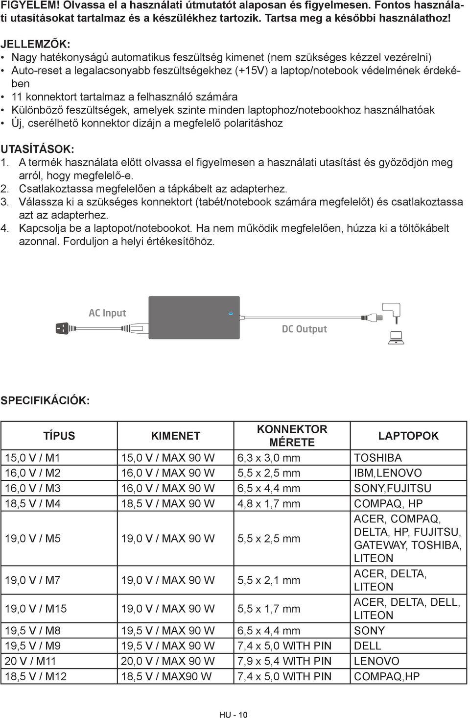 tartalmaz a felhasználó számára Különböző feszültségek, amelyek szinte minden laptophoz/notebookhoz használhatóak Új, cserélhető konnektor dizájn a megfelelő polaritáshoz UTASÍTÁSOK: 1.