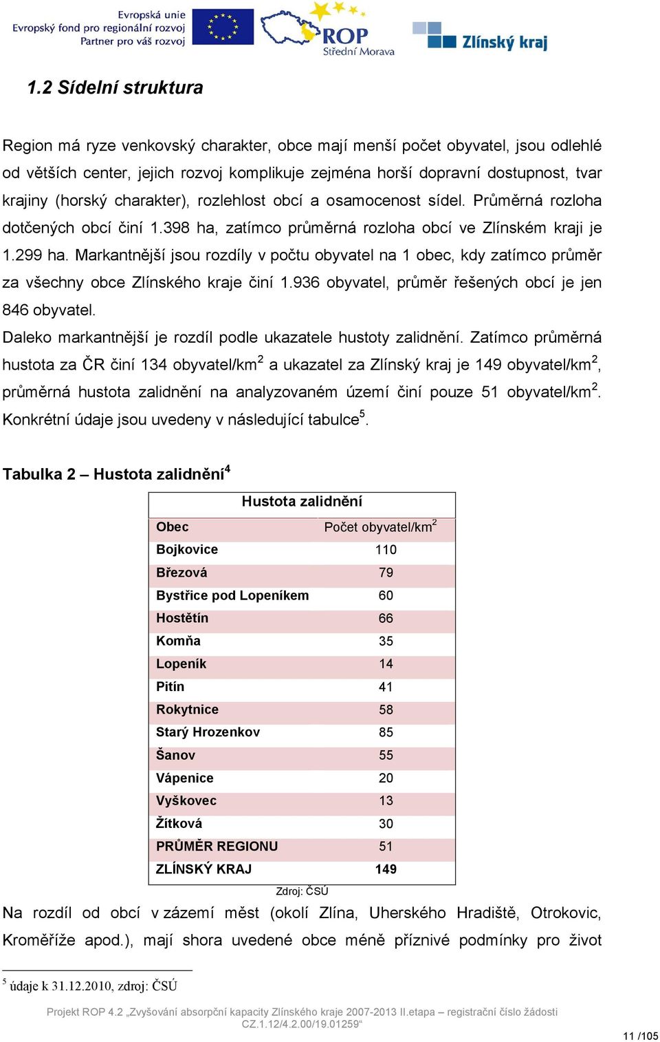 Markantnější jsou rozdíly v počtu obyvatel na 1 obec, kdy zatímco průměr za všechny obce Zlínského kraje činí 1.936 obyvatel, průměr řešených obcí je jen 846 obyvatel.