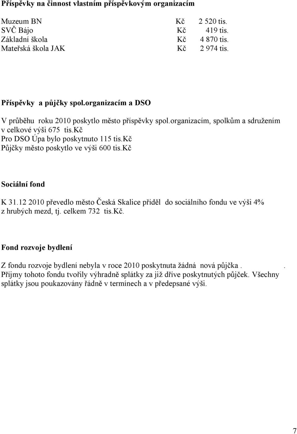 kč Půjčky město poskytlo ve výši 600 tis.kč Sociální fond K 31.12 2010 převedlo město Česká Skalice příděl do sociálního fondu ve výši 4% z hrubých mezd, tj. celkem 732 tis.kč. Fond rozvoje bydlení Z fondu rozvoje bydlení nebyla v roce 2010 poskytnuta žádná nová půjčka.