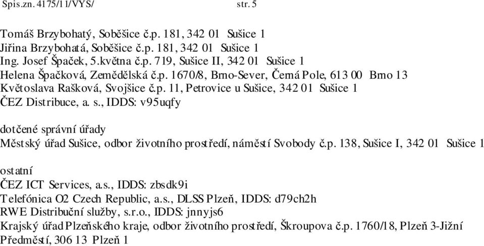 , IDDS: v95uqfy dotčené správní úřady Městský úřad Sušice, odbor životního prostředí, náměstí Svobody č.p. 138, Sušice I, 342 01 Sušice 1 ostatní ČEZ ICT Services, a.s., IDDS: zbsdk9i Telefónica O2 Czech Republic, a.