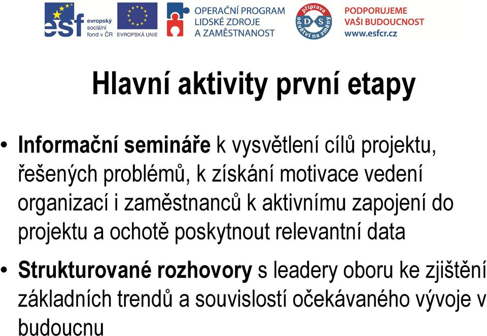 zapojení do projektu a ochotě poskytnout relevantní data Strukturované rozhovory