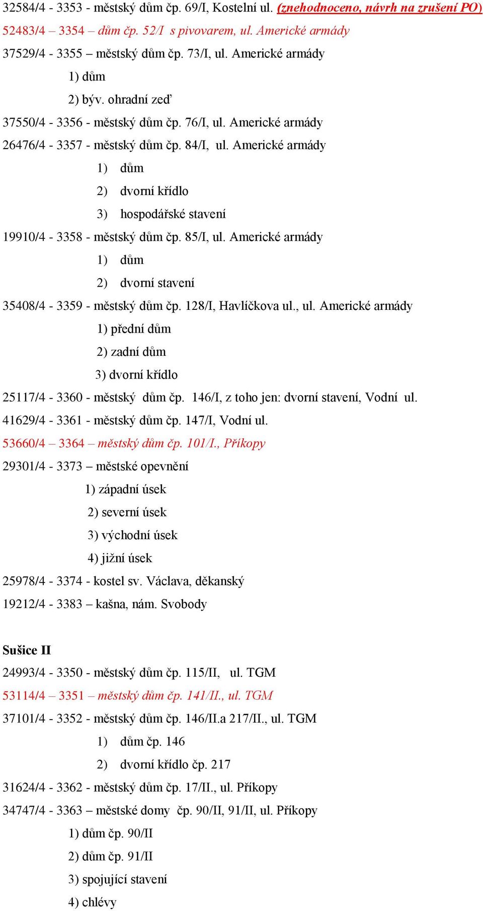 Americké armády 3) hospodářské stavení 19910/4-3358 - městský dům čp. 85/I, ul. Americké armády 2) dvorní stavení 35408/4-3359 - městský dům čp. 128/I, Havlíčkova ul., ul. Americké armády 1) přední dům 2) zadní dům 3) dvorní křídlo 25117/4-3360 - městský dům čp.