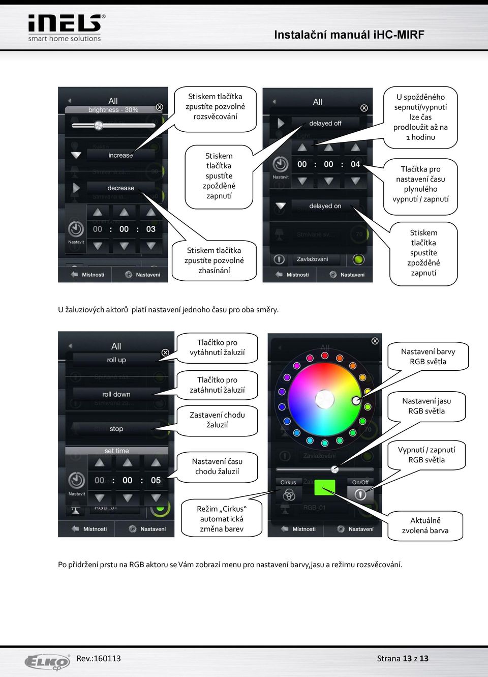 Tlačítko pro vytáhnutí žaluzií Tlačítko pro zatáhnutí žaluzií Zastavení chodu žaluzií Nastavení barvy RGB světla Nastavení jasu RGB světla Nastavení času chodu žaluzií Vypnutí / zapnutí