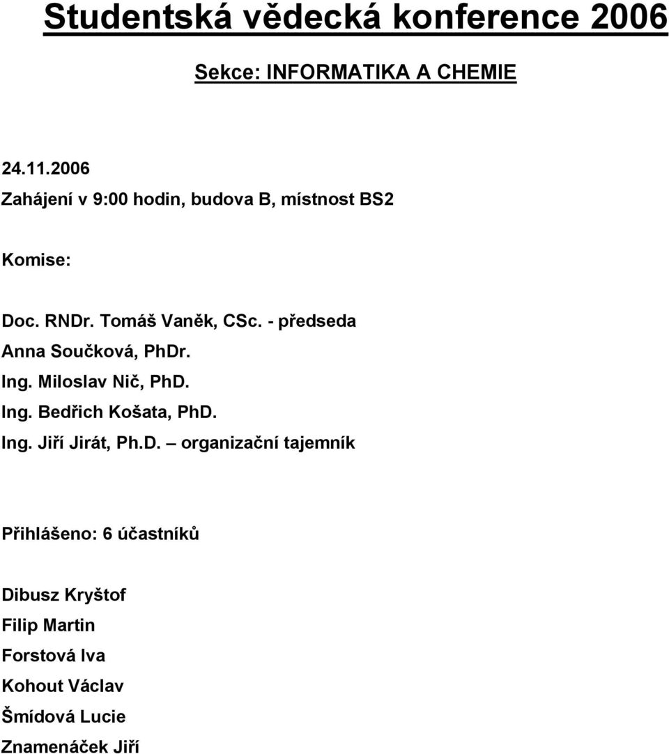 - předseda Anna Součková, PhDr. Ing. Miloslav Nič, PhD. Ing. Bedřich Košata, PhD. Ing. Jiří Jirát, Ph.