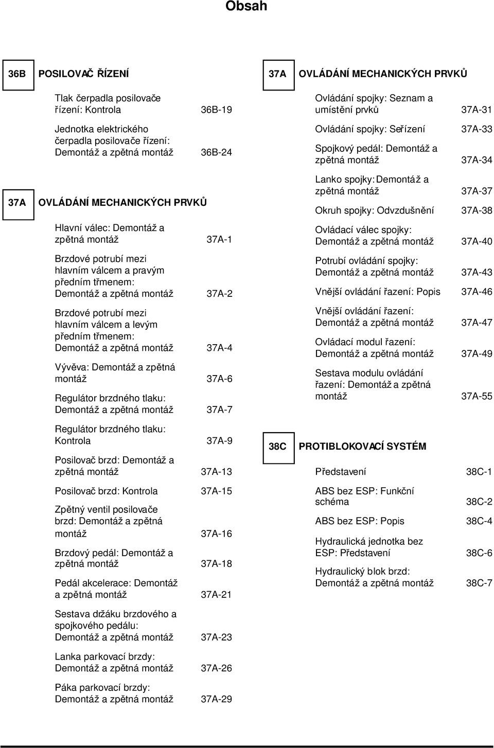 válcem a levým předním třmenem: Demontáž a zpětná montáž 37A-4 Vývěva: Demontáž a zpětná montáž 37A-6 Regulátor brzdného tlaku: Demontáž a zpětná montáž 37A-7 Ovládání spojky: Seznam a umístění prvků