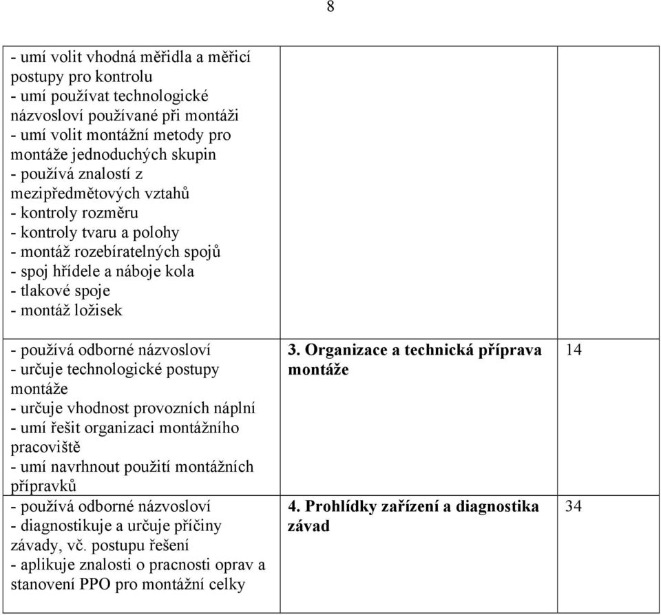 určuje technologické postupy montáže - určuje vhodnost provozních náplní - umí řešit organizaci montážního pracoviště - umí navrhnout použití montážních přípravků - používá odborné názvosloví -