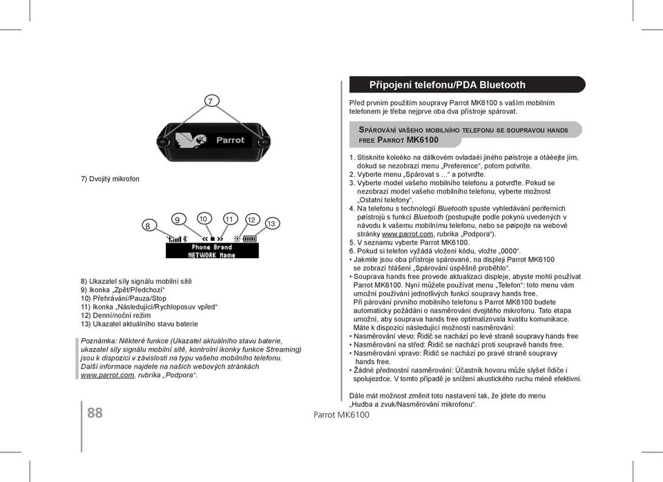 Ikonka Následující/Rychloposuv vpřed 12) Denní/noční režim 13) Ukazatel aktuálního stavu baterie Poznámka: Některé funkce (Ukazatel aktuálního stavu baterie, ukazatel síly signálu mobilní sítě,