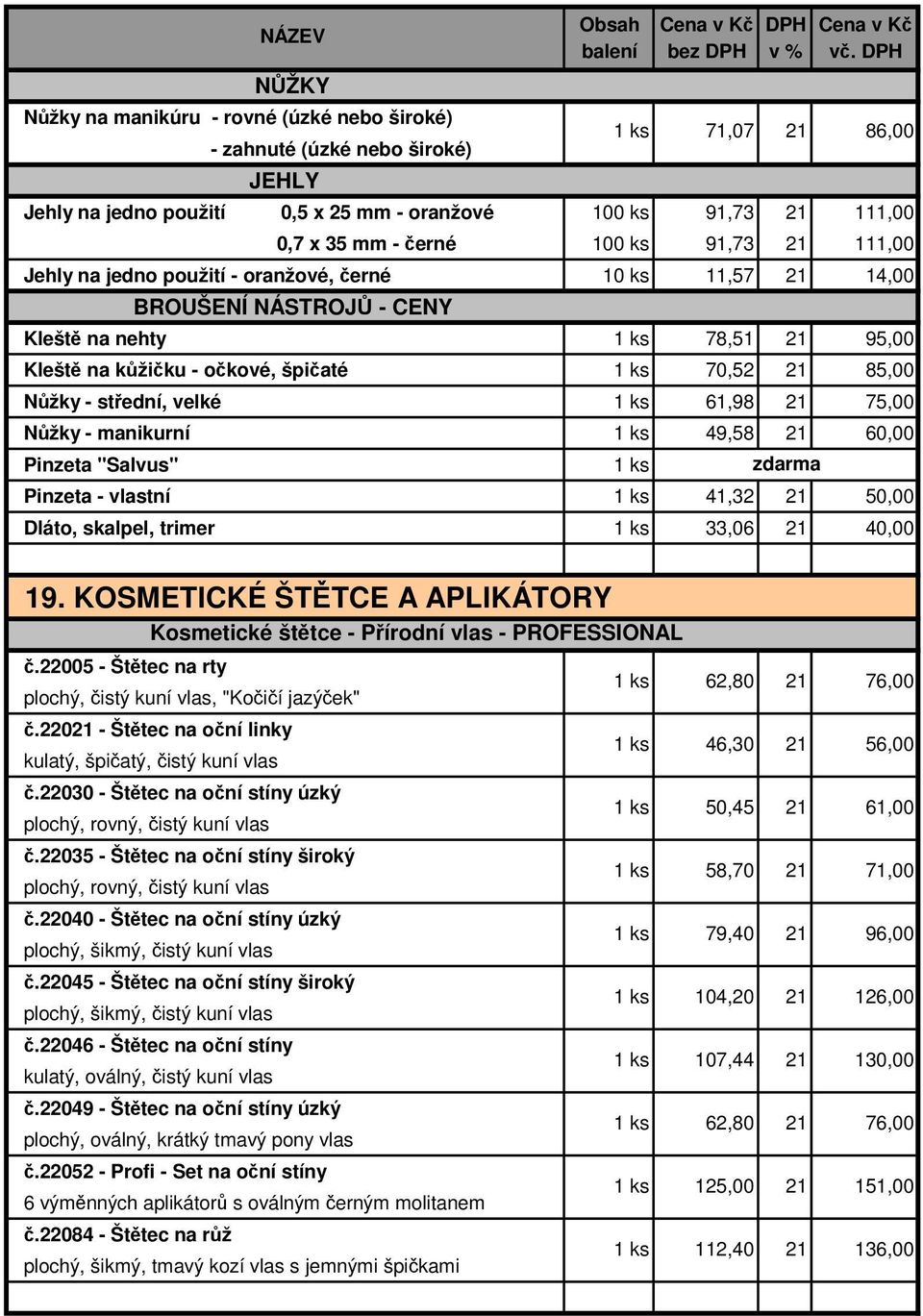 91,73 111,00 Jehly na jedno použití - oranžové, černé 10 ks 11,57 14,00 BROUŠENÍ NÁSTROJŮ - CENY Kleště na nehty 1 ks 78,51 95,00 Kleště na kůžičku - očkové, špičaté 1 ks 70,52 85,00 Nůžky - střední,