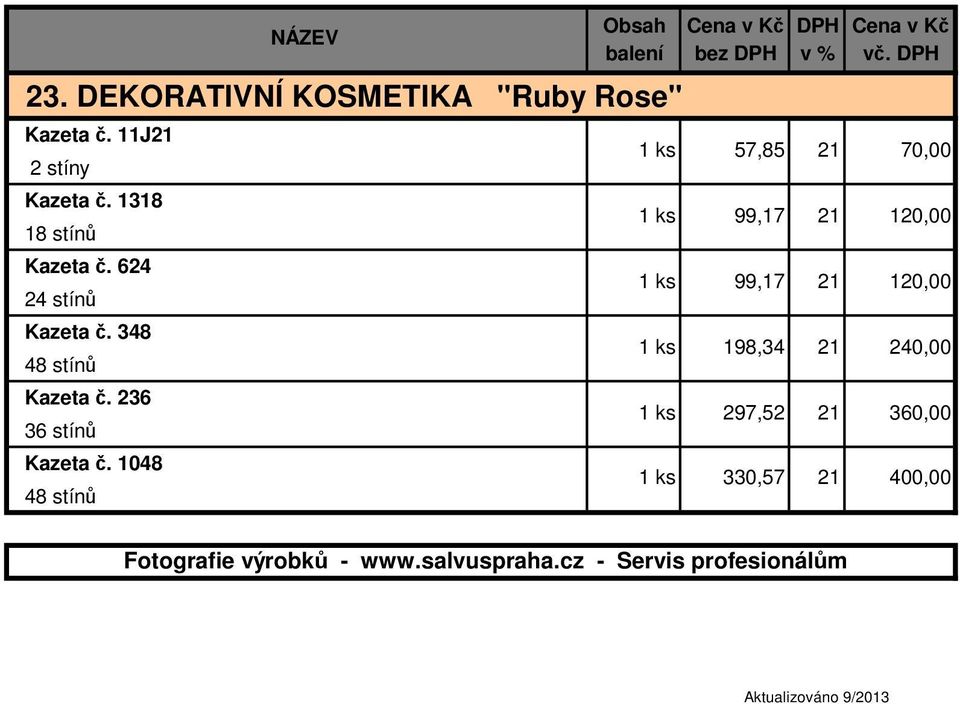 624 24 stínů Kazeta č. 348 48 stínů Kazeta č. 236 36 stínů Kazeta č.