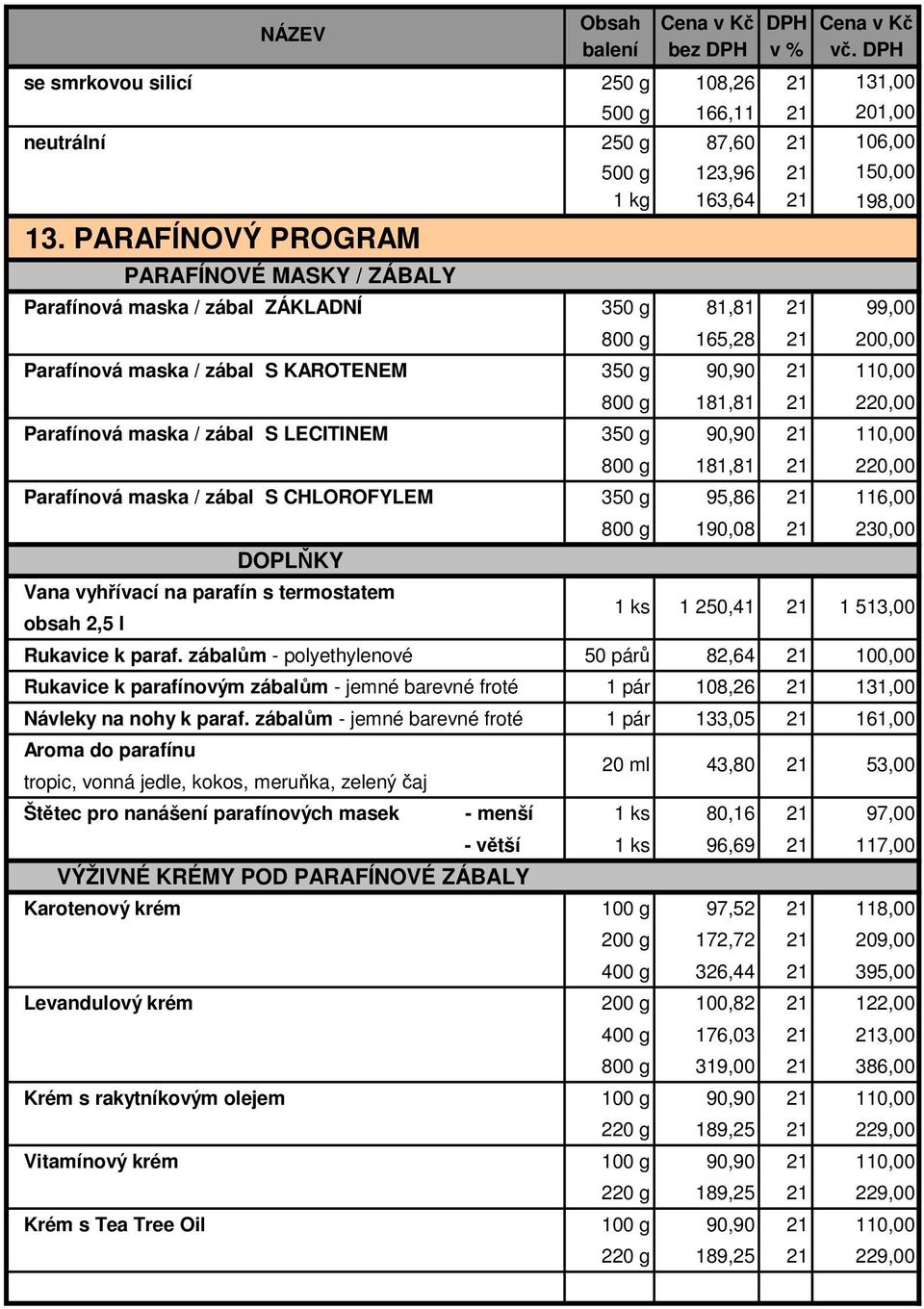 90,90 110,00 800 g 181,81 220,00 Parafínová maska / zábal S LECITINEM 350 g 90,90 110,00 800 g 181,81 220,00 Parafínová maska / zábal S CHLOROFYLEM 350 g 95,86 116,00 DOPLŇKY Vana vyhřívací na