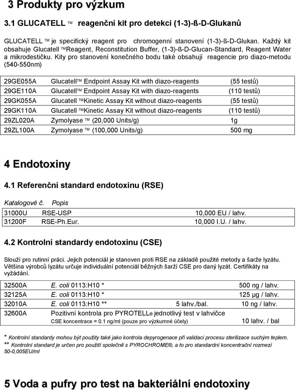 Kity pro stanovení konečného bodu také obsahují reagencie pro diazo-metodu (540-550nm) 29GE055A Glucatell Endpoint Assay Kit with diazo-reagents (55 testů) 29GE110A Glucatell Endpoint Assay Kit with