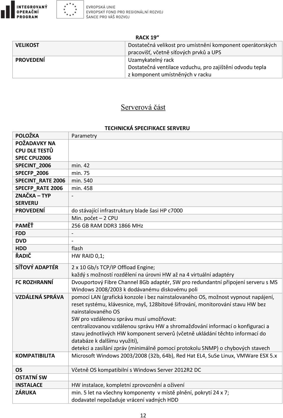 540 SPECFP_RATE 2006 min. 458 ZNAČKA TYP - SERVERU PROVEDENÍ do stávající infrastruktury blade šasi HP c7000 Min.