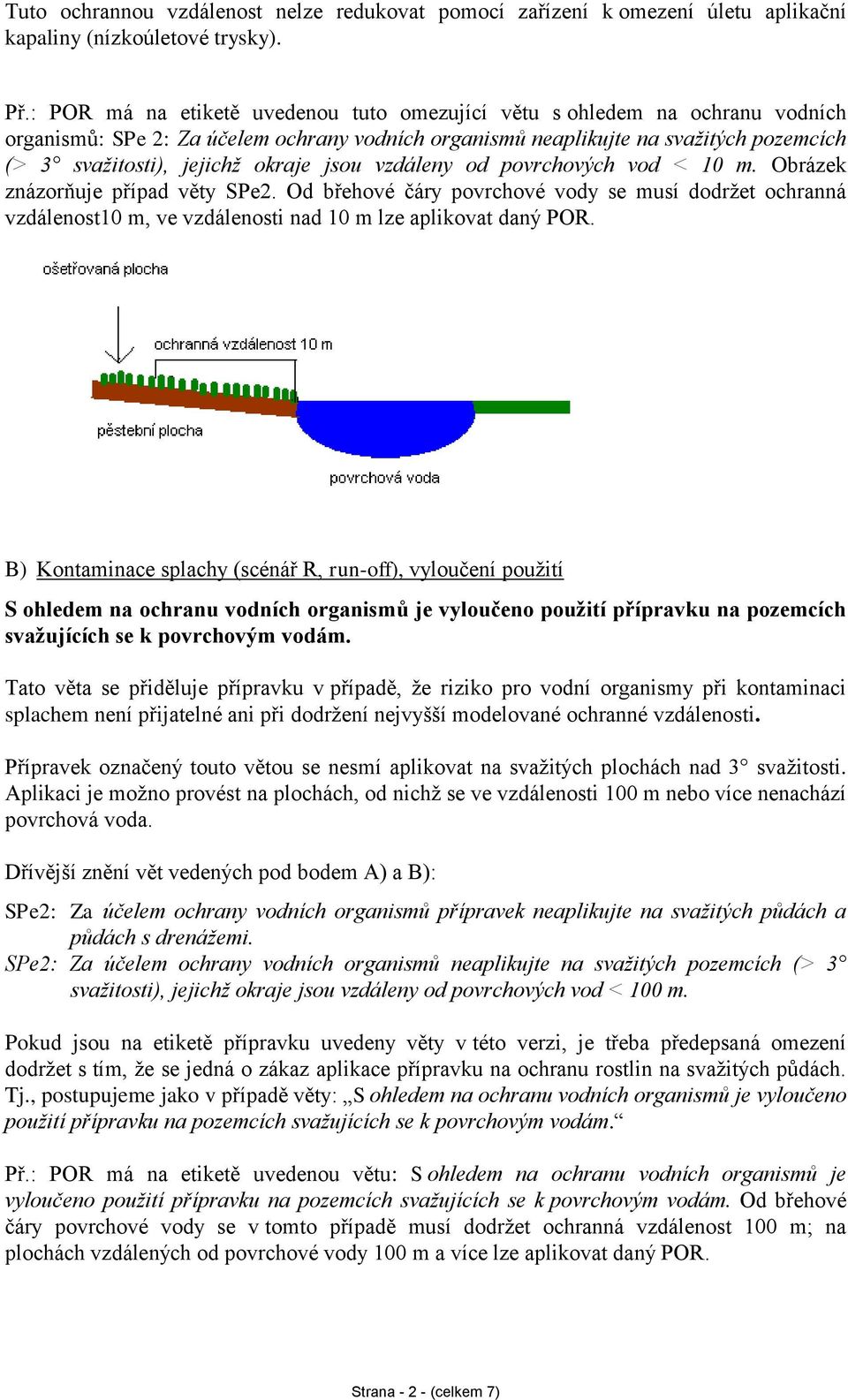 jsou vzdáleny od povrchových vod < 10 m. Obrázek znázorňuje případ věty SPe2. Od břehové čáry povrchové vody se musí dodržet ochranná vzdálenost10 m, ve vzdálenosti nad 10 m lze aplikovat daný POR.