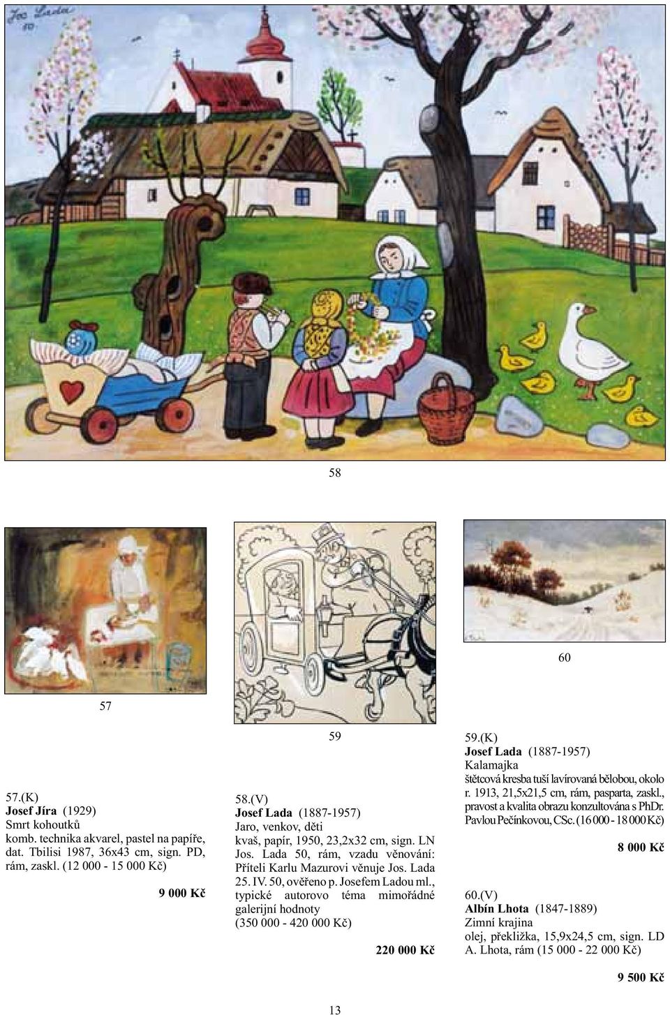 Josefem Ladou ml., typické autorovo téma mimořádné galerijní hodnoty (350 000-420 000 Kč) 220 000 Kč 59.(K) Josef Lada (1887-1957) Kalamajka štětcová kresba tuší lavírovaná bělobou, okolo r.