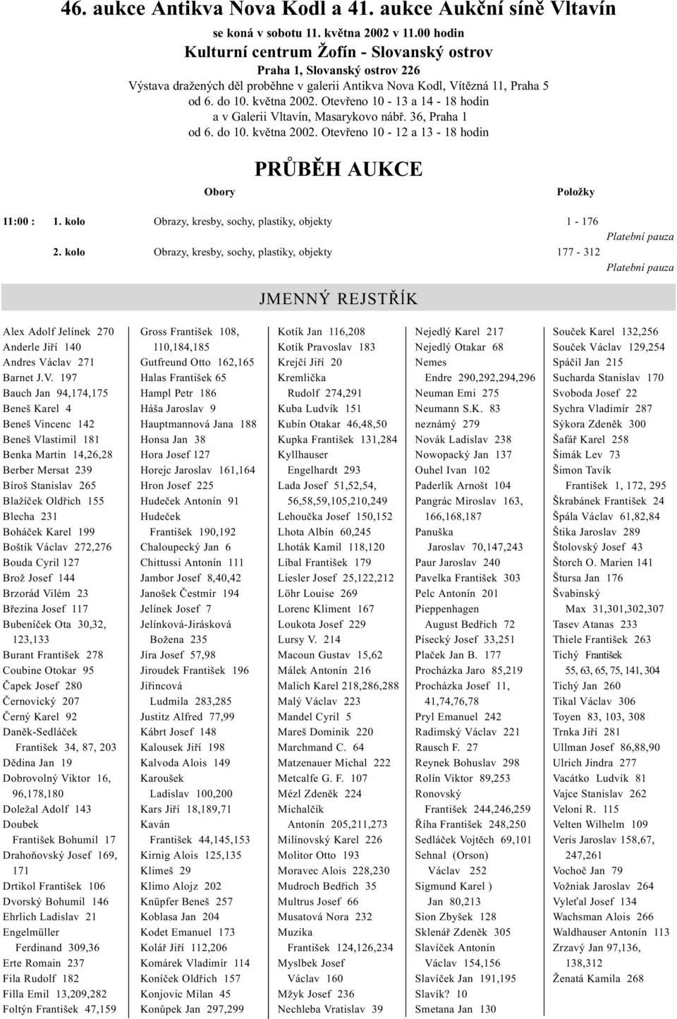 Otevřeno 10-13 a 14-18 hodin a v Galerii Vltavín, Masarykovo nábř. 36, Praha 1 od 6. do 10. května 2002. Otevřeno 10-12 a 13-18 hodin Obory PRŮBĚH AUKCE Položky 11:00 : 1.