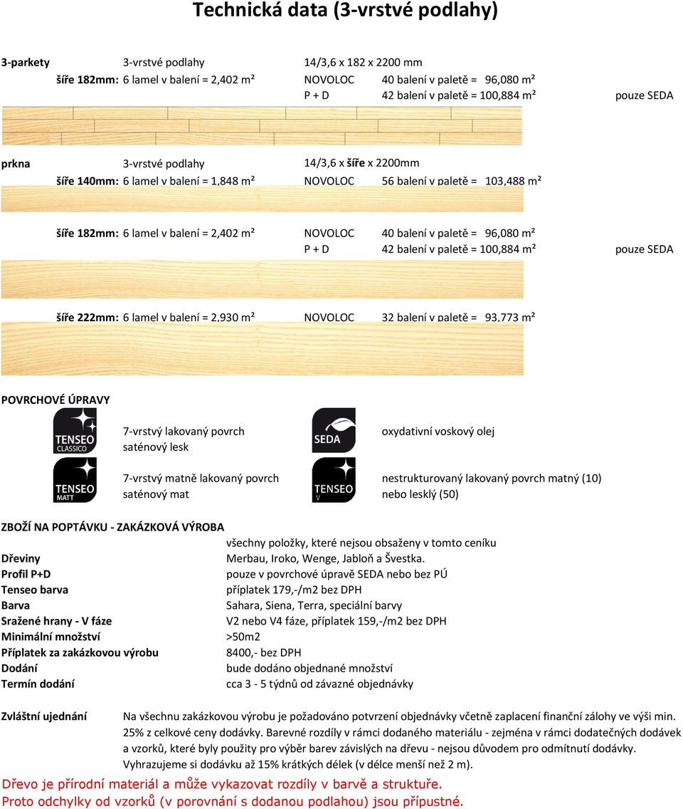 paletě = 96,080 m² P + D 42 balení v paletě = 100,884 m² pouze SEDA šíře 222mm: 6 lamel v balení = 2,930 m² NOVOLOC 32 balení v paletě = 93,773 m² POVRCHOVÉ ÚPRAVY 7-vrstvý lakovaný povrch saténový