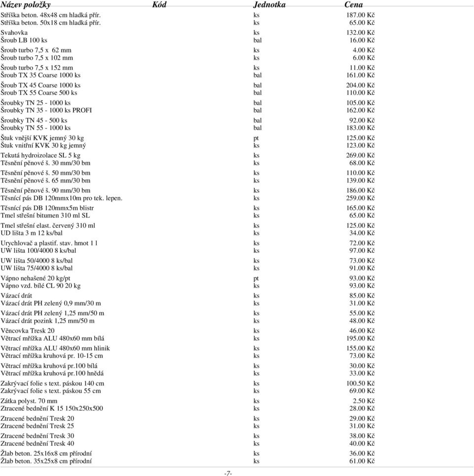 00 Kč Šroubky TN 25-1000 ks bal 105.00 Kč Šroubky TN 35-1000 ks PROFI bal 162.00 Kč Šroubky TN 45-500 ks bal 92.00 Kč Šroubky TN 55-1000 ks bal 183.00 Kč Štuk vnější KVK jemný 30 kg pt 125.
