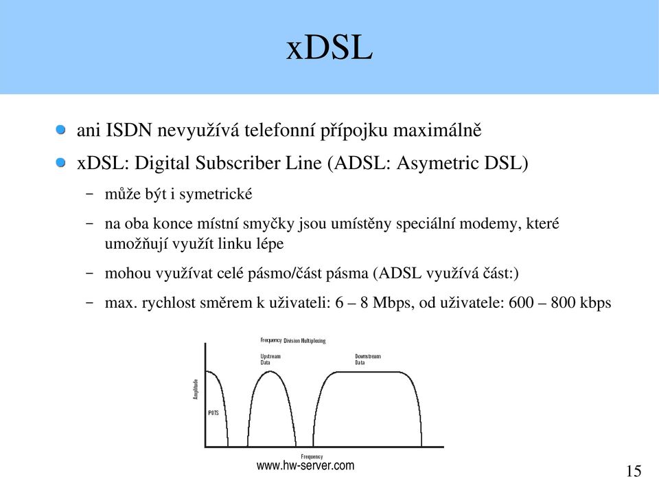 modemy, které umožňují využít linku lépe mohou využívat celé pásmo/část pásma (ADSL využívá