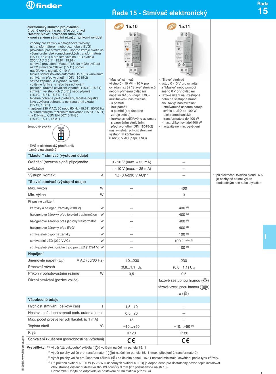 81) a pro stmívatelná ED svítidla 230 V AC (15.11, 15.81, 15.91) stmívač provedení Master (15.10) může ovládat až 32 stmívačů Slave (15.11) pomocí napěťového signálu 0-10 V.