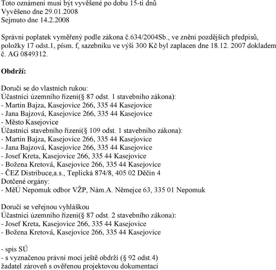 1 stavebního zákona): - Město Kasejovice Účastníci stavebního řízení( 109 odst. 1 stavebního zákona): - ČEZ Distribuce,a.s., Teplická 874/8, 405 02 Děčín 4 Dotčené orgány: - MěÚ Nepomuk odbor VŽP, Nám.