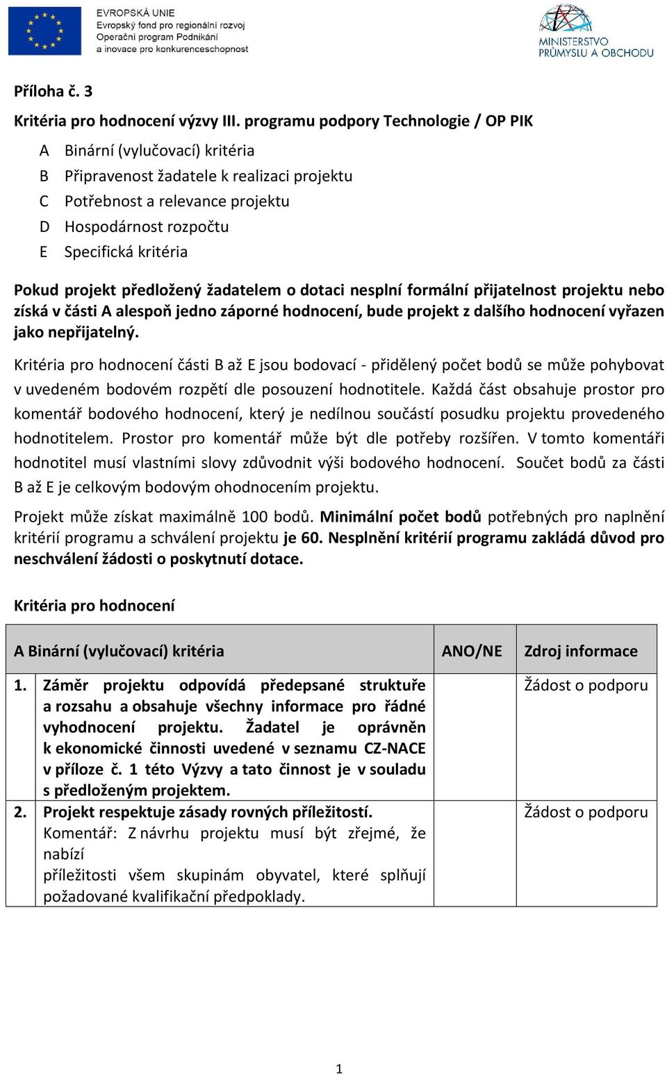 Pokud projekt předložený žadatelem o dotaci nesplní formální přijatelnost projektu nebo získá v části A alespoň jedno záporné hodnocení, bude projekt z dalšího hodnocení vyřazen jako nepřijatelný.