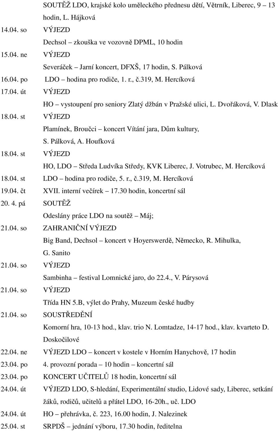 Pálková, A. Houfková 18.04. st VÝJEZD HO, LDO Středa Ludvíka Středy, KVK Liberec, J. Votrubec, M. Hercíková 18.04. st LDO hodina pro rodiče, 5. r., č.319, M. Hercíková 19.04. čt XVII.