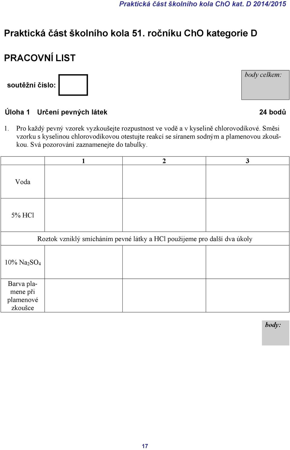 Pro každý pevný vzorek vyzkoušejte rozpustnost ve vodě a v kyselině chlorovodíkové.