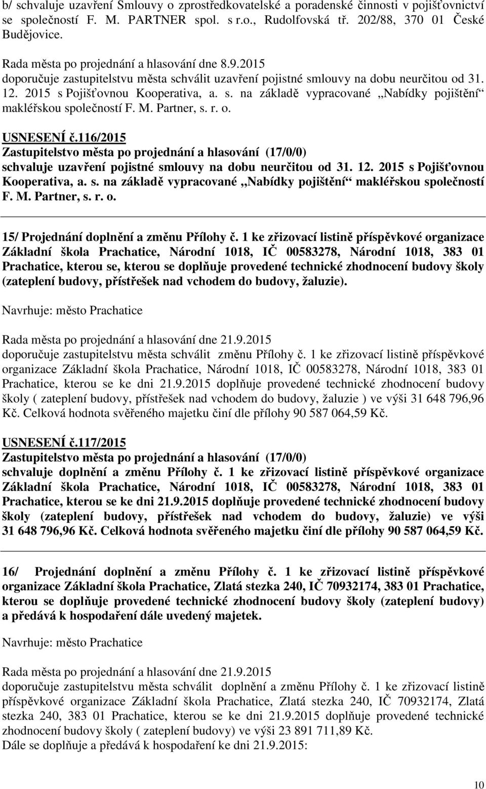 M. Partner, s. r. o. USNESENÍ č.116/2015 uzavření pojistné smlouvy na dobu neurčitou od 31. 12. 2015 s Pojišťovnou Kooperativa, a. s. na základě vypracované Nabídky pojištění makléřskou společností F.