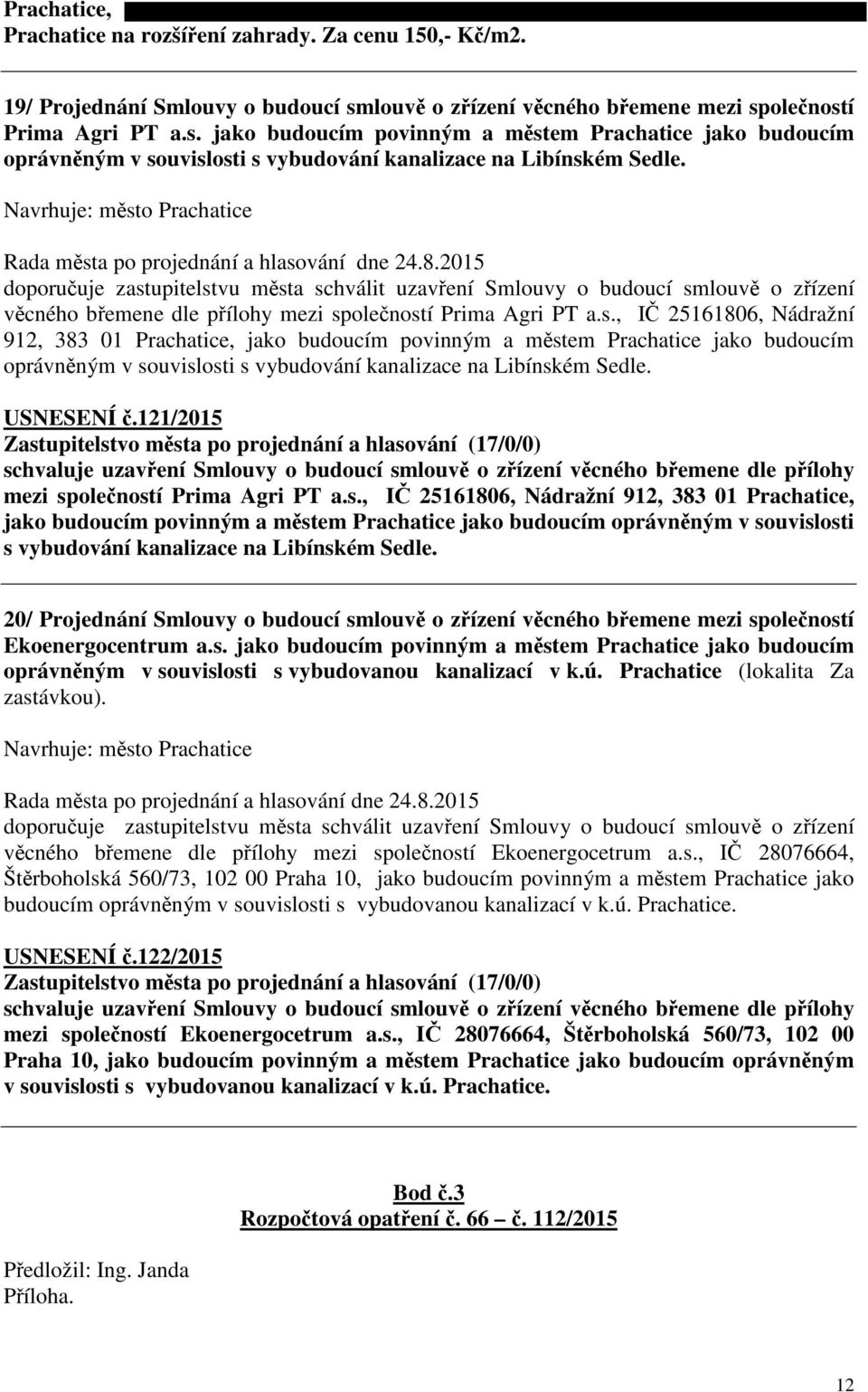Navrhuje: město Prachatice Rada města po projednání a hlasování dne 24.8.
