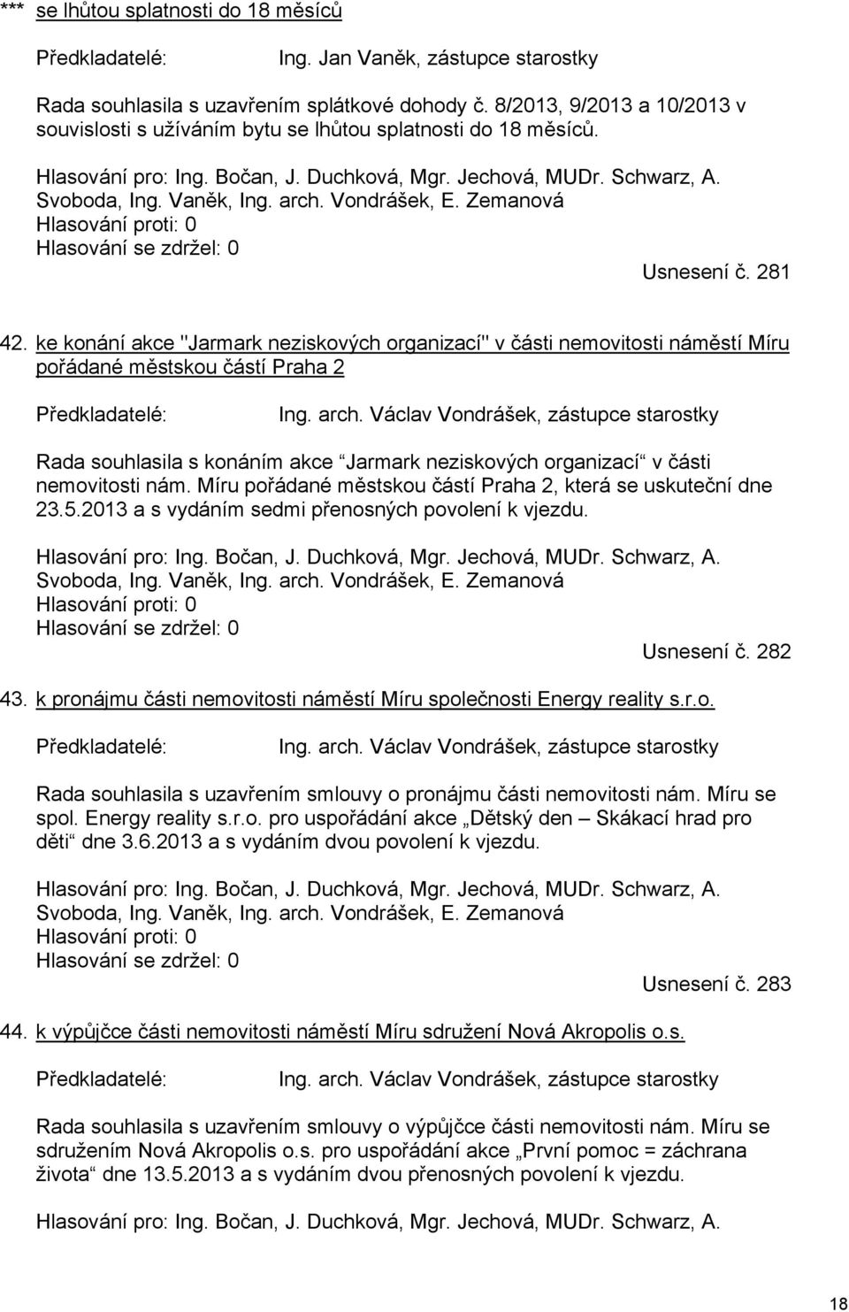 Vondrášek, E. Zemanová Hlasování proti: 0 Hlasování se zdržel: 0 Usnesení č. 281 42.