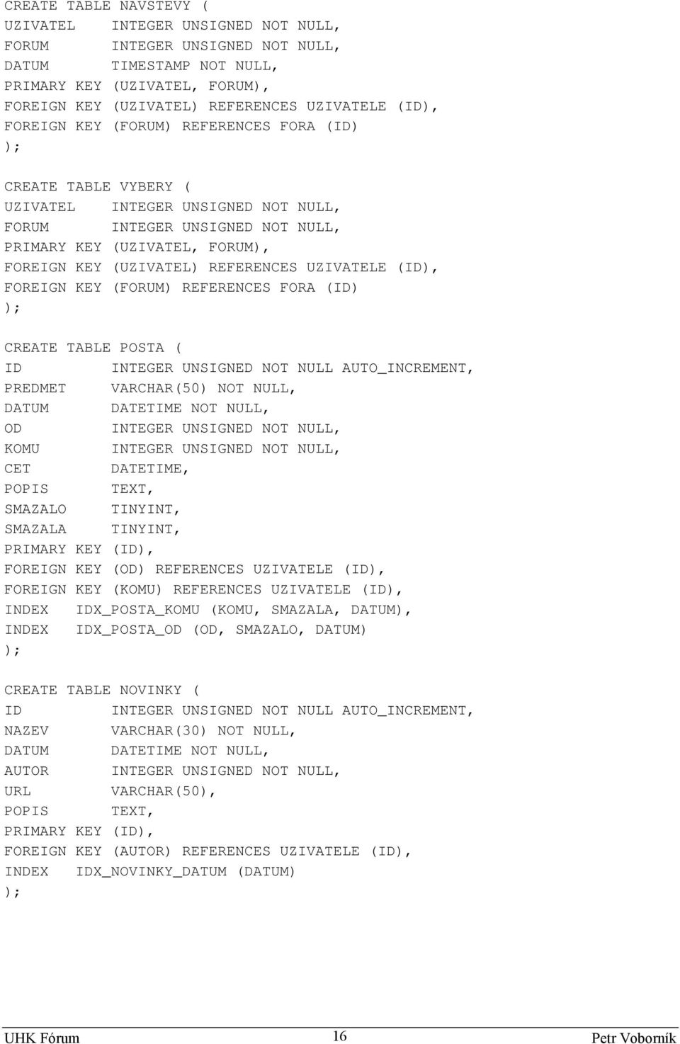 UZIVATELE (), FOREIGN KEY (FORUM) REFERENCES FORA () CREATE TABLE POSTA ( PREDMET VARCHAR(50) NOT NULL, DATUM DATETIME NOT NULL, OD INTEGER UNSIGNED NOT NULL, KOMU INTEGER UNSIGNED NOT NULL, CET