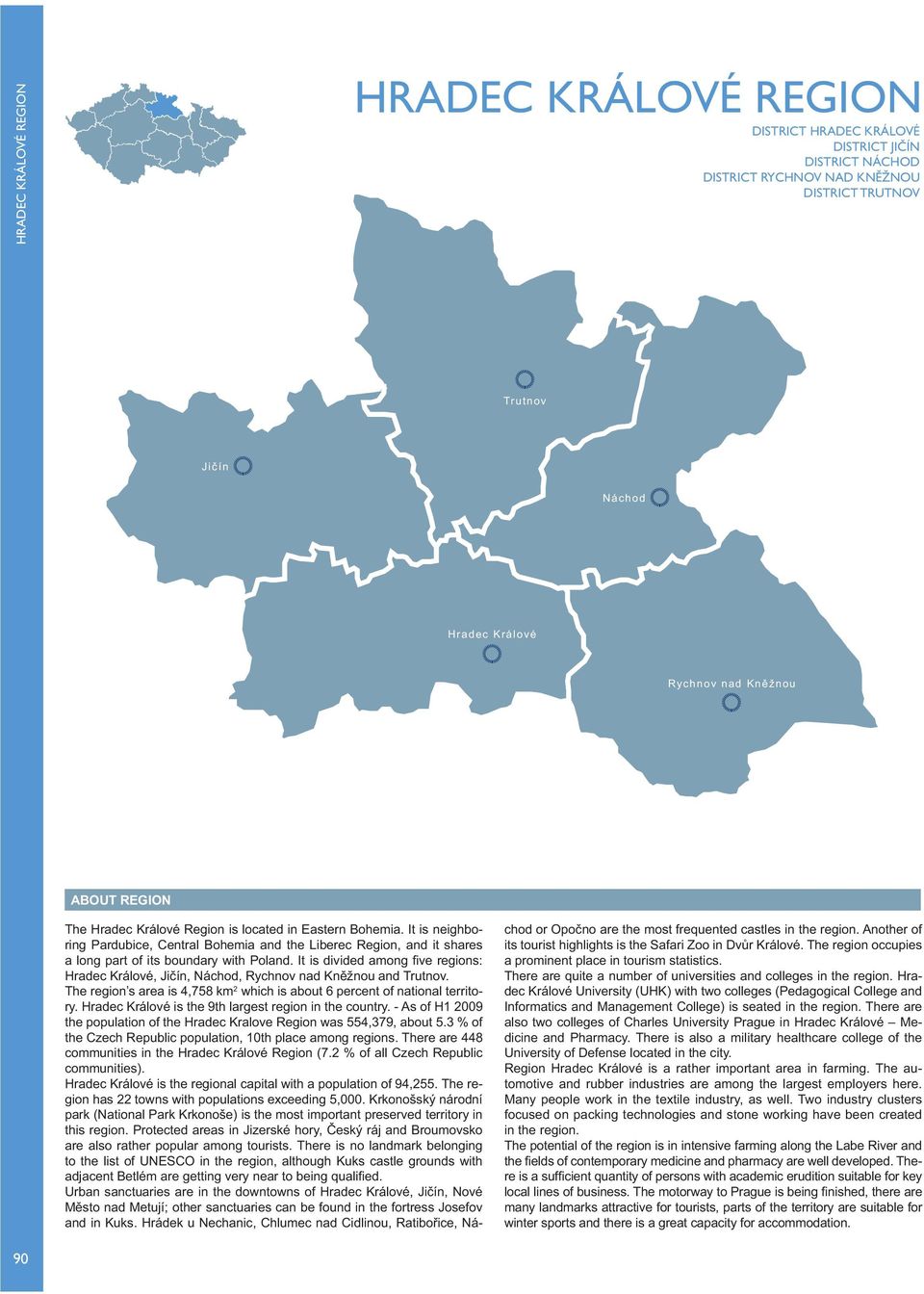 It is divided among fi ve regions:, Jičín, Náchod, Rychnov nad Kněžnou and Trutnov. The region s area is 4,758 km 2 which is about 6 percent of national territory.