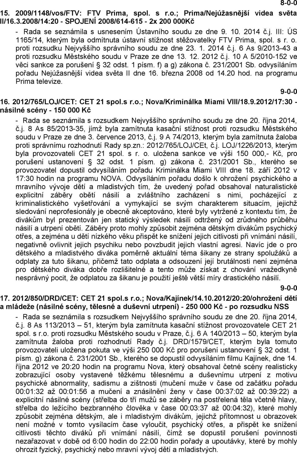 12. 2012 č.j. 10 A 5/2010-152 ve věci sankce za porušení 32 odst. 1 písm. f) a g) zákona č. 231/2001 Sb. odvysíláním pořadu Nejúžasnější videa světa II dne 16. března 2008 od 14.20 hod.