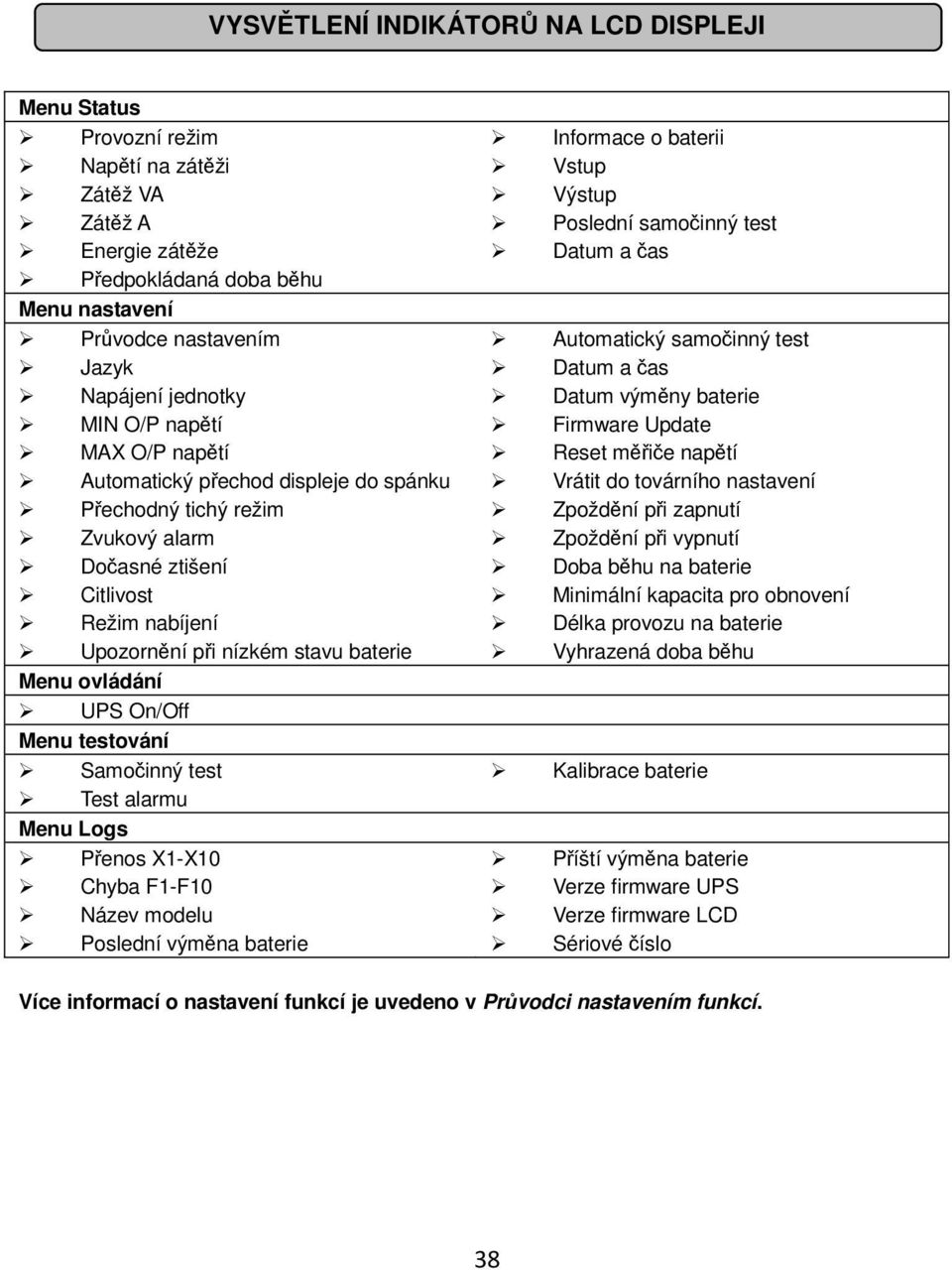 On/Off Menu testování Samočinný test Test alarmu Menu Logs Přenos X1-X10 Chyba F1-F10 Název modelu Poslední výměna baterie Informace o baterii Vstup Výstup Poslední samočinný test Datum a čas