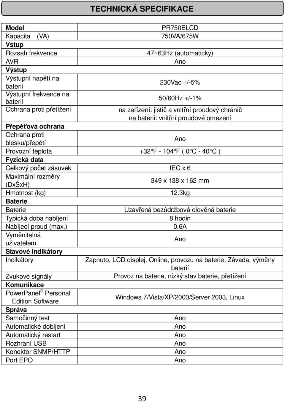 C ) Fyzická data Celkový počet zásuvek IEC x 6 Maximální rozměry (DxŠxH) 349 x 138 x 162 mm Hmotnost (kg) 12.